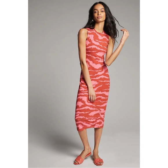 Anthropologie Corey Lynn Calter Nicolette Midi Dress in Red & Pink Tiger Print - Picture 1 of 11
